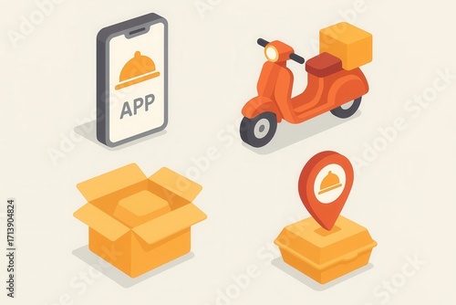 Isometric illustration of food delivery service elements.