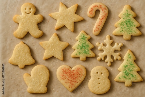 Assortment of festive holiday sugar cookies on parchment paper.