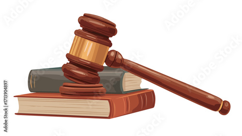 Close-up illustration of a wooden gavel resting on top of two stacked books. The gavel has a dark brown wooden handle and a gold band around the head. The books are depicted as aged and worn