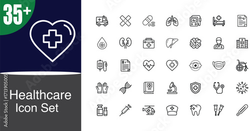 Comprehensive healthcare icon set offering numerous medical and wellness symbols for diverse applications