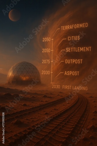 Mars colonization timeline with futuristic dome habitat and celestial body.