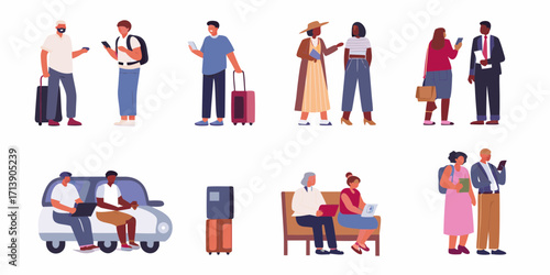 Diverse group of people using smartphones and carrying luggage in various travel and waiting scenarios