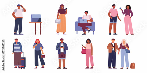 Diverse group of people using technology and traveling in modern flat illustration style