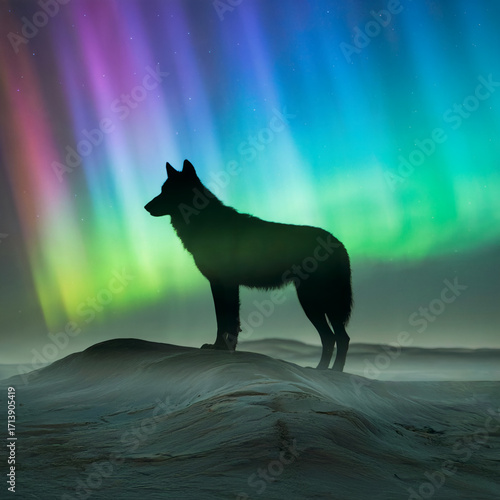 Wolf Silhouette Under the Northern Lights Majestic Animal in a Mystical Landscape