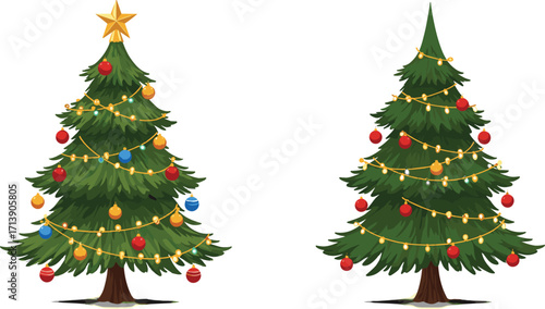 Christmas tree decorations, festive holiday trees, ornament styles, golden star topper, seasonal celebration, stylized vector, winter decor, gift season, vibrant foliage