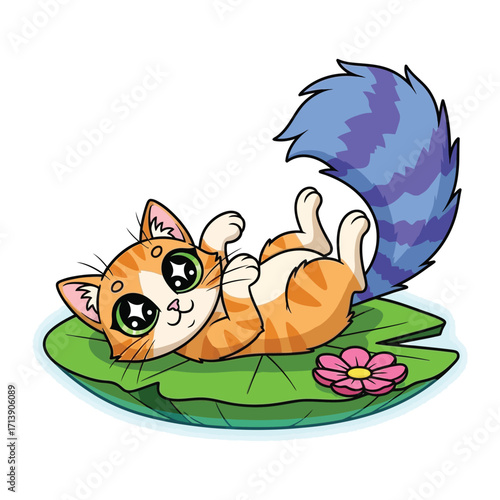 Playful Cat in Dreamland: A whimsical illustration of a vibrant, cartoon cat playfully reclined on a lily pad, its eyes filled with a spark of wonder and imagination.