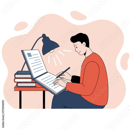 Young man studying and taking notes while sitting at a desk  