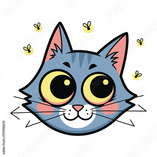 Curious Cat: An illustration of a playful cat with big eyes watches fireflies.