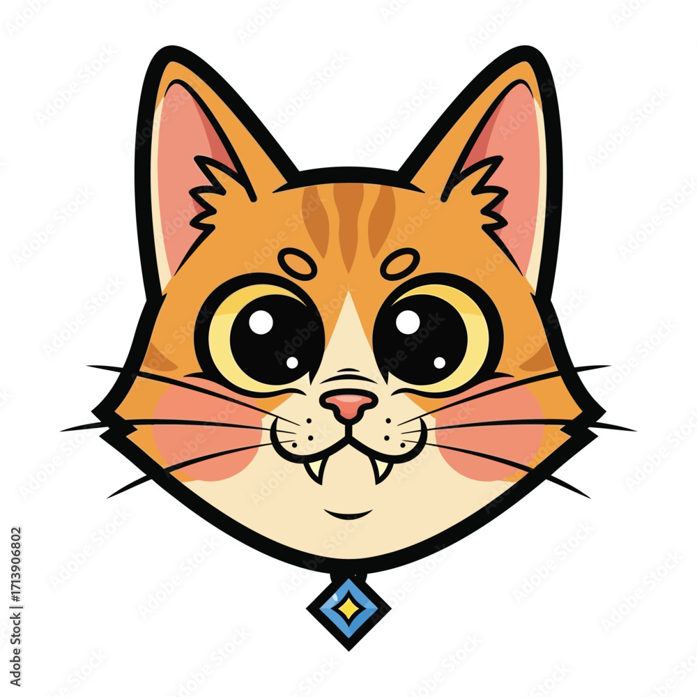 Obraz premium Playful Cat Portrait: A charming cartoon cat with a friendly expression and a stylish collar, rendered in a vibrant illustration style, ready to add a touch of joy and warmth.