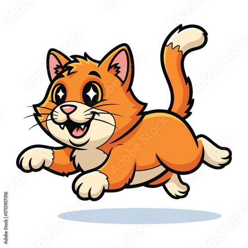Cheerful Cartoon Kitten: A lively cartoon kitten springs with joy, Its vivid orange fur gleaming, eyes wide with glee, in a delightful illustration, perfectly capturing youthful energy.
