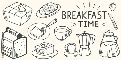 Hand drawn doodle illustration of various breakfast items and the words breakfast time