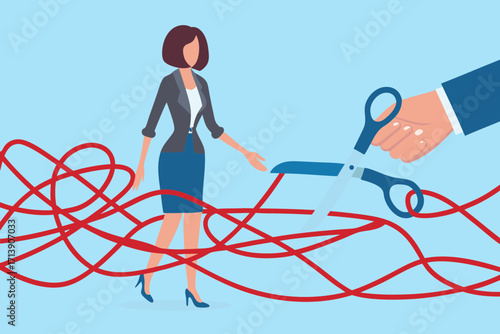 Businesswoman stands near tangled red ribbon being cut by scissors held by a hand