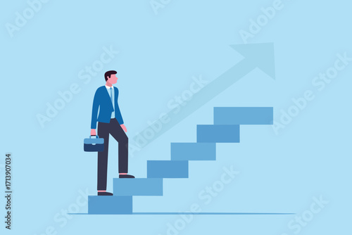 Businessman climbing stairs representing career growth and success with an upward arrow graphic