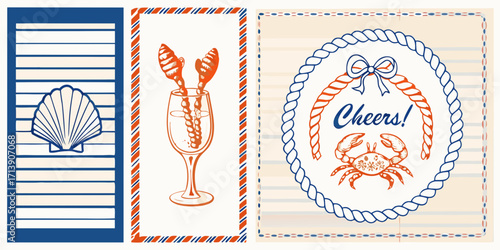 Nautical themed illustrations with a seashell champagne and a crab saying cheers