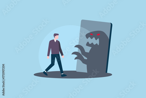 Man walking towards a digital screen showing a monstrous shadow with red eyes