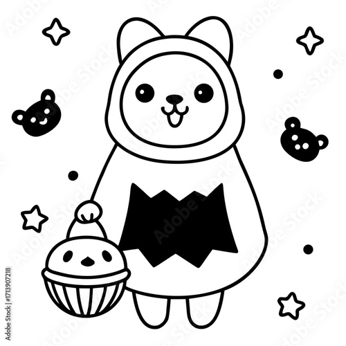 "Cute Chibi Bear Ghost with Pumpkin Candy Bucket | Kawaii Halloween Vector Illustration for Kids Stickers"