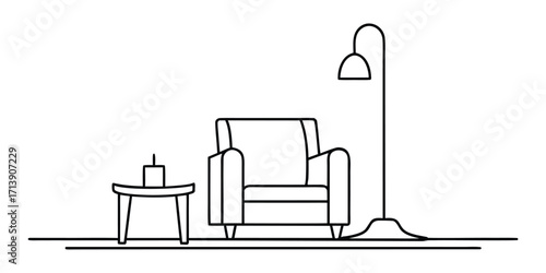 Armchair and side table with floor lamp line art vector