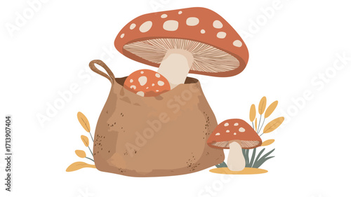 A digital illustration depicting three amanita muscaria mushrooms. One large mushroom is depicted with its cap partially overhanging a light brown paper bag. Two smaller mushrooms are inside 