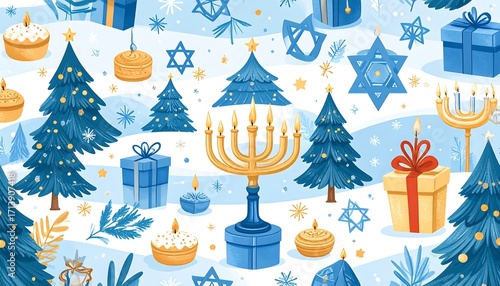 Festive pattern with Hanukkah and Christmas symbols