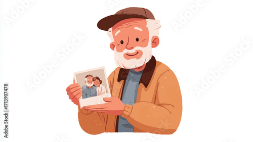 A digital illustration depicting an elderly man with white hair and a beard, wearing a brown cap and an orange jacket, smiling while holding a photograph showing two younger people. 