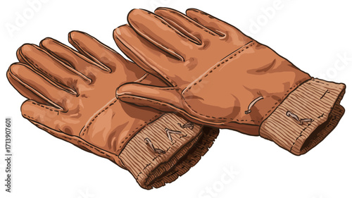 An illustration depicting a pair of brown leather gloves. The gloves are shown from a slightly elevated top-down perspective, showcasing both the exterior and a portion of the interior cuffs.
