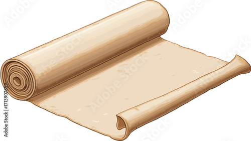 A digital illustration of a rolled parchment scroll. The scroll is light beige or cream in color, with a slightly textured surface.  It is partially unrolled, revealing a blank area of the