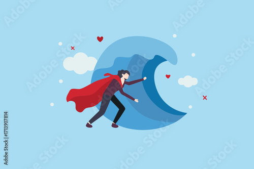 Superhero facing a giant wave symbolizing overcoming challenges and achieving success with determination