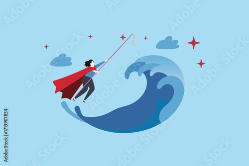 Super woman fishing for stars on a giant wave with a red cape and fishing rod