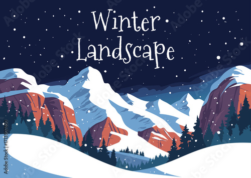 winter landscape with snowy mountains field covered with snow, and row of spruce trees