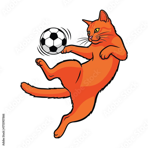 Cat Kicks Soccer Ball: A playful orange cat joyfully kicks a soccer ball with expert precision, showcasing a delightful blend of athleticism and feline charm.