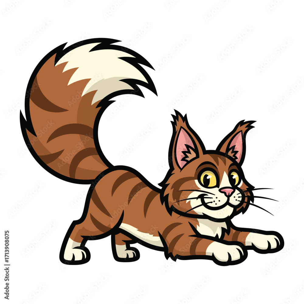 Obraz premium Playful Kitten: A charming cartoon kitten with a striped pattern, captivating with its adorable stance and a mischievous glint in its eyes. A playful illustration of feline joy.