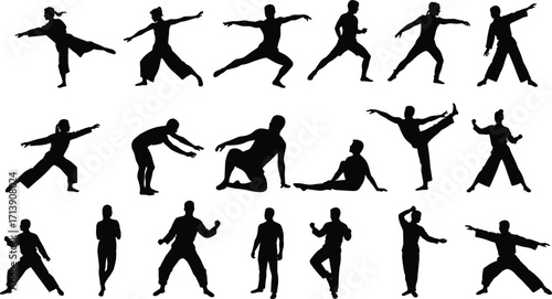 Black silhouette human figures in dynamic poses, dance, martial arts, exercise, movement, fitness, action, sports, choreography, performance, body posture, physical activity, illustration