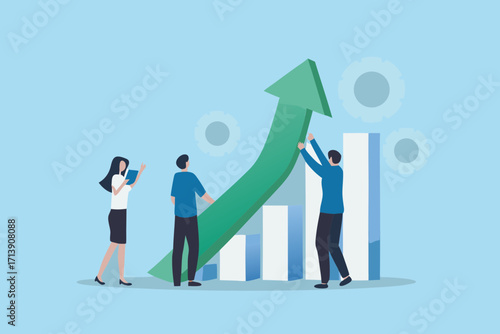Teamwork and collaboration driving business growth and financial success with upward trending graph