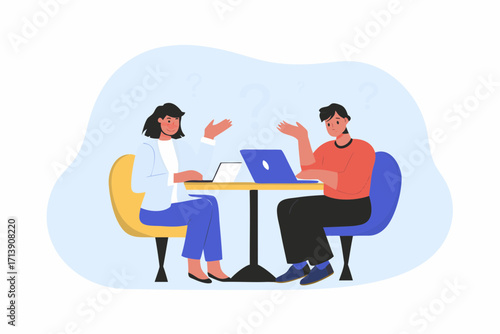 Two people sitting at a table with laptops and question marks above their heads symbolizing confusion or problem solving