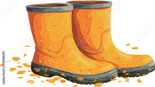 Digital illustration depicting a pair of yellow rubber boots. The boots are shown slightly angled, with water droplets visible on their surfaces.  The boots have dark gray soles and cuffs. 