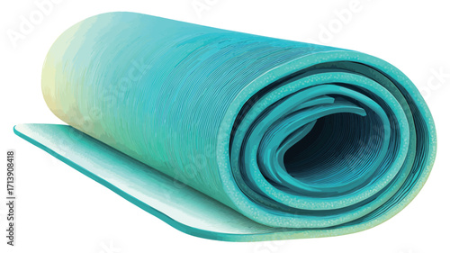 A digitally rendered image of a rolled-up yoga mat. The mat displays a gradient of teal and yellow colors.  The mat is shown on a white background with a slight shadow underneath. 