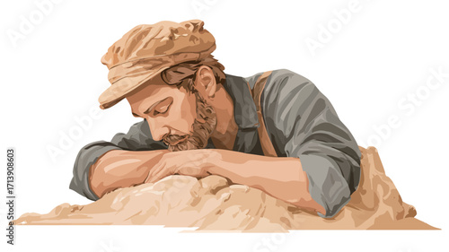 Close-up shot of a wood carving depicting a man, likely a woodcarver, leaning over his work. The figure is rendered in light brown and beige tones, showcasing details of his facial features, beard,