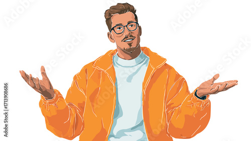 A digital illustration depicts a man from the chest up. He has short brown hair, glasses, and a goatee. He is wearing a light-colored crew neck shirt under an orange jacket. His hands are raised in