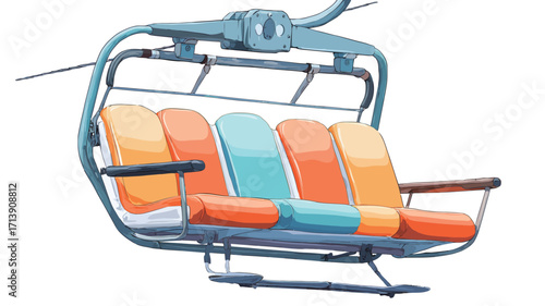 A digital illustration of a four-seater chairlift against a white background. The chairlift is predominantly light blue metal with four brightly colored seats in shades of orange