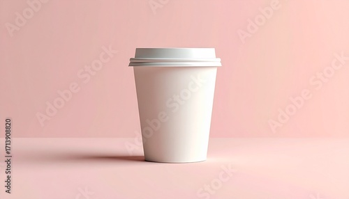 Minimalist white disposable coffee cup with a secure lid standing upright on a soft pastel pink background, ready for custom branding or a refreshing drink