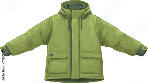 A digital illustration of a lime green winter jacket, viewed from the front. The jacket has a hood, a full zip closure, and two lower pockets.  The sleeves are long and the jacket appears
