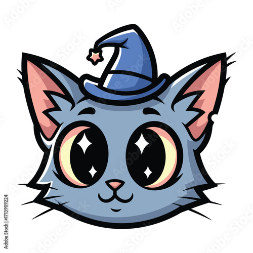 Magical Cat: A charming cartoon cat dons a wizard hat, exuding an air of mystical wonder. With sparkling eyes and a playful grin, the creature seems ready to cast a spell of delight. 