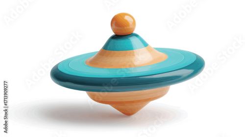 Close-up studio shot of a colorful wooden spinning top against a pure white background. The top is predominantly teal and orange with yellow stripes, featuring a smooth, glossy finish.