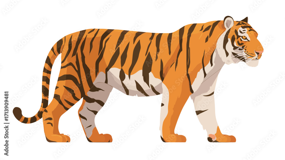 Obraz premium A stylized illustration of a Bengal tiger in profile view, facing right. The tiger is depicted in a side profile, showcasing its characteristic orange fur with black stripes