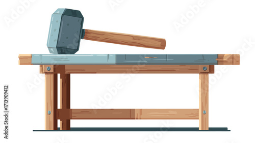 A digital illustration depicting a large sledgehammer resting on a wooden workbench. The workbench is composed of a light and dark wood surface and has a simple, sturdy design with four