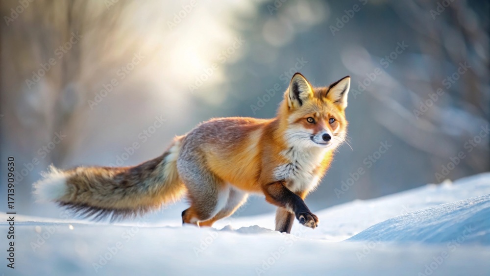 Fototapeta premium Red Fox Trotting Through a Winter Wonderland, Illuminated by the Golden Hour Sun