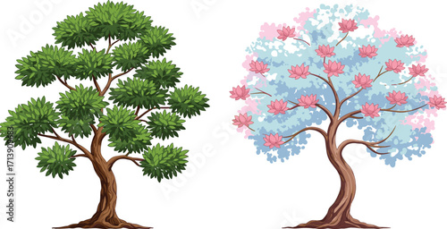 Green leafy tree, ornamental pink foliage tree, botanical contrast, seasonal canopy, stylized vector, nature illustration, garden design, vibrant flora