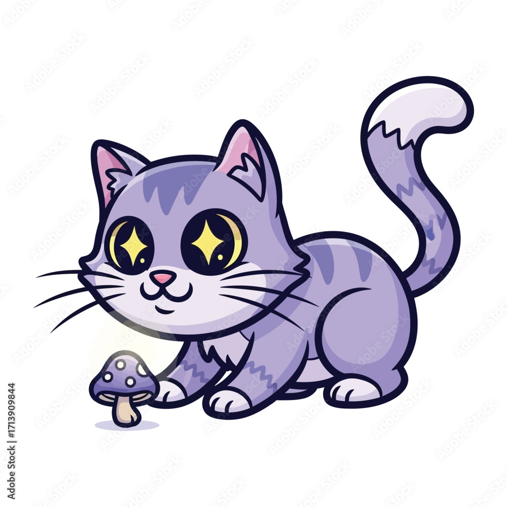 Obraz premium Whimsical Feline and Mushroom: A playful cat with radiant eyes interacts with a mushroom, creating a surreal and enchanting scene that sparks curiosity and invites a sense of wonder.