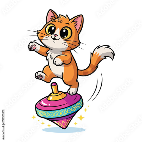 Whimsical Playtime: A cheerful illustration of a ginger kitten joyfully balancing on a spinning top. Capturing innocence and joy.