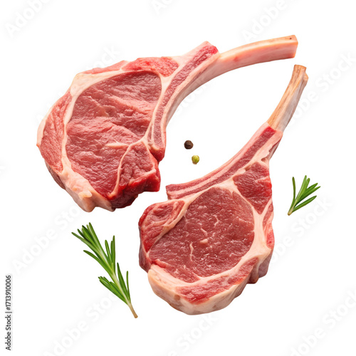 Two Raw Lamb Chops with Rosemary and Peppercorns Isolated raw meat